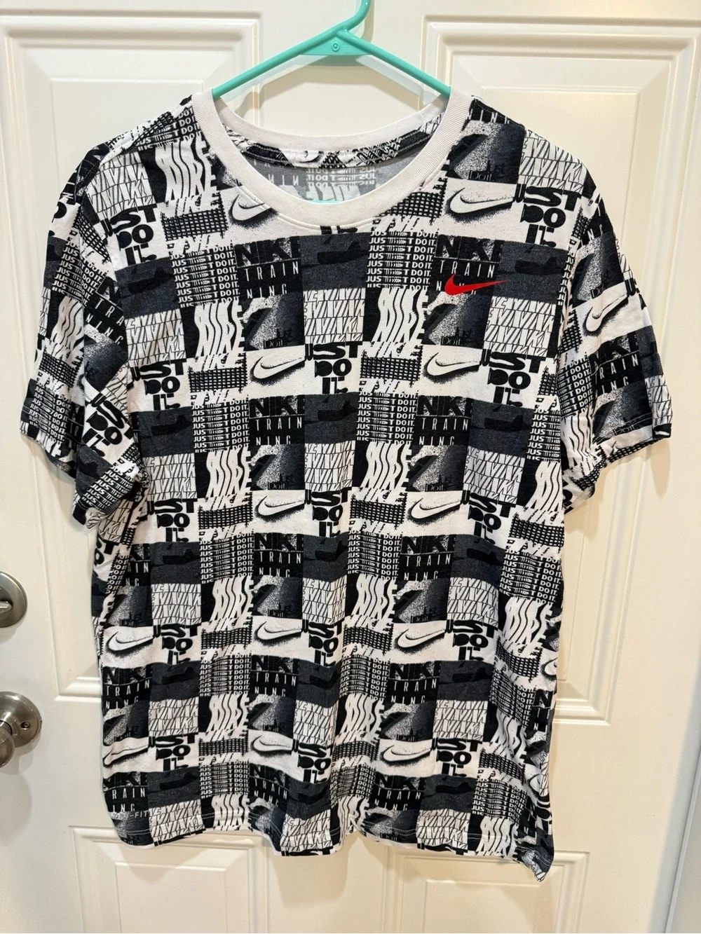 Nike Black & White All-Over Graphic Short Sleeve Tee with Red Swoosh